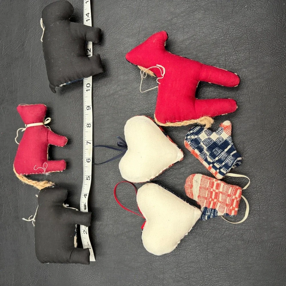 8pc Vintage Style Woven Fabric Folk Art Ornaments Sheep Horse Heart Mitten Decor